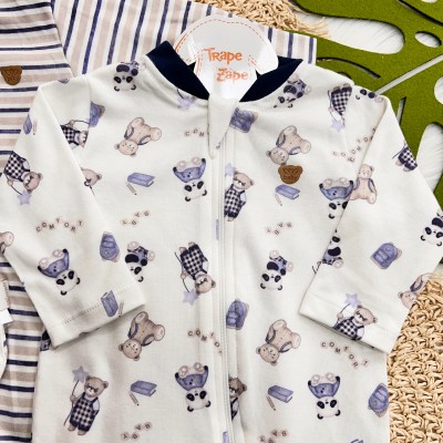   Kit 2 Macacões + Naninha Ursinho - Ursinhos Nerds - Azul Marinho e Off White